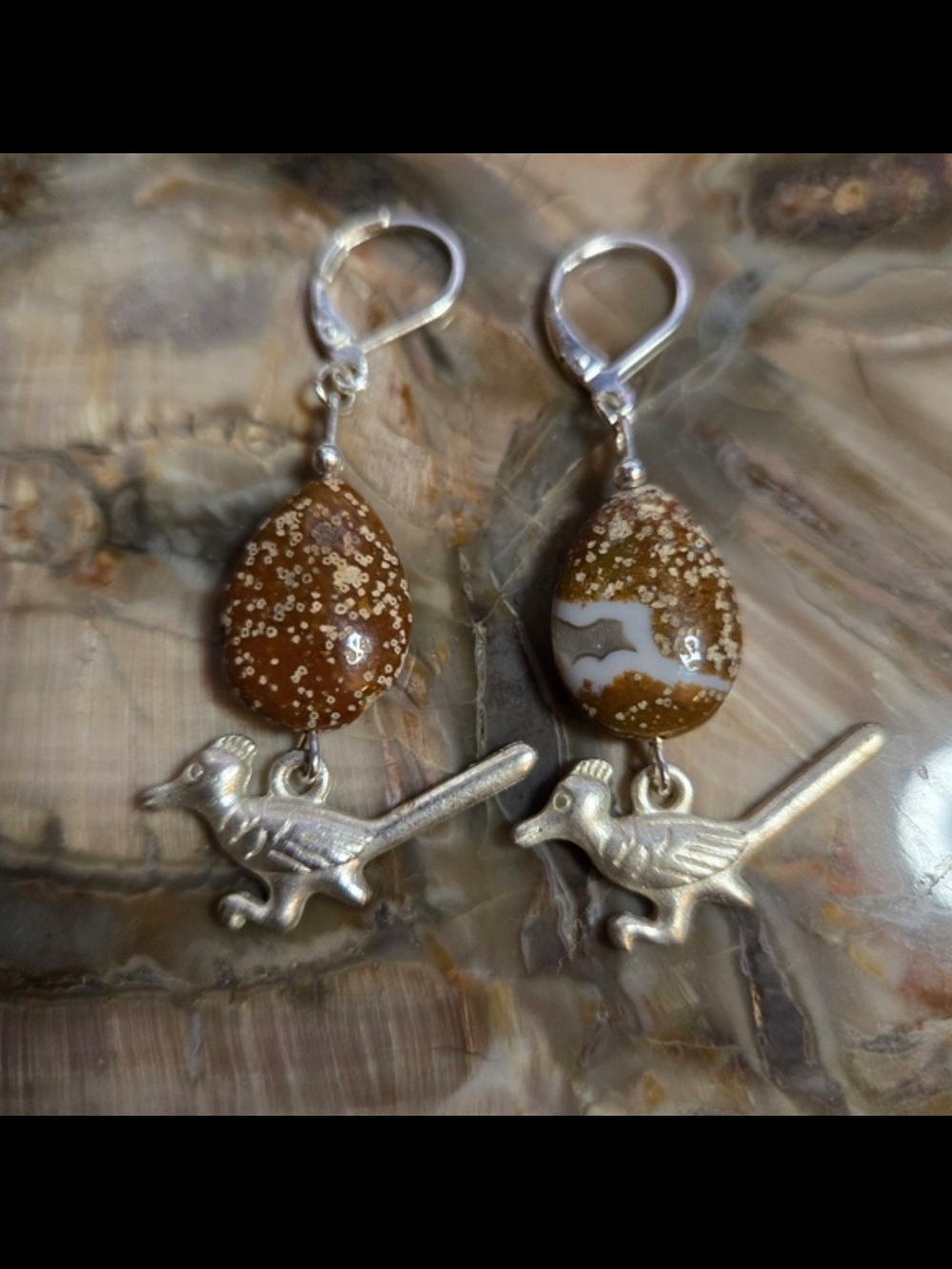 Brown Ocean Jasper Tear Drop Earrings With Roadrunners